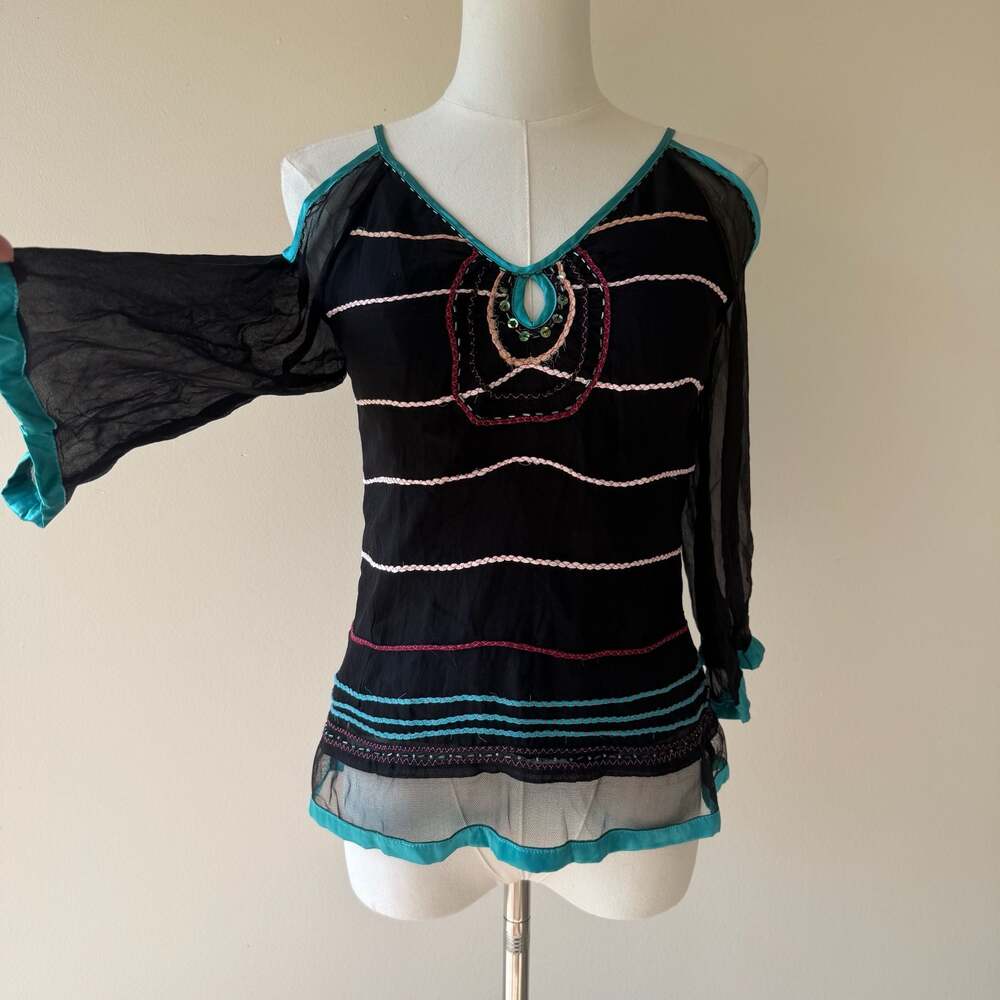 Vintage Y2K Deadstock NWT Black 100% Silk Embroidered Beaded Blouse